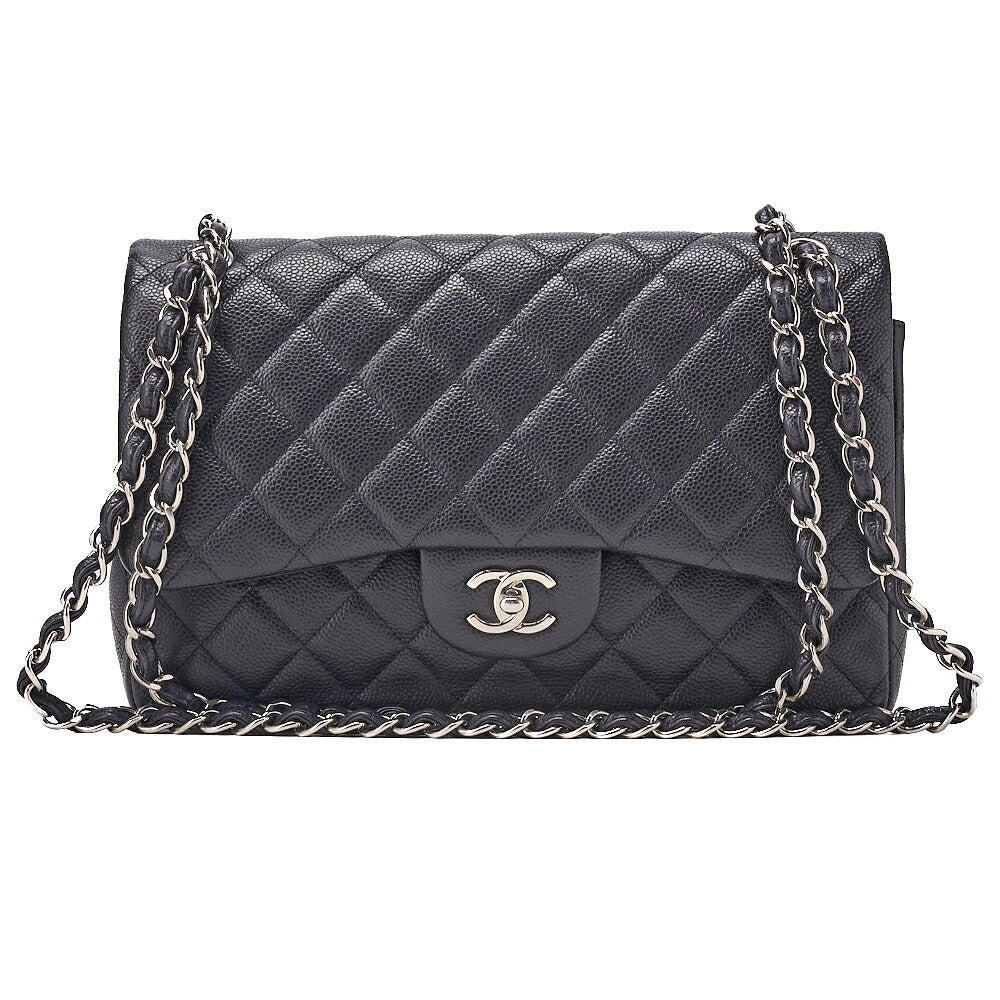 CHANEL Caviar Skin Deka Matelasse 30cm Double Flap Chain Shoulder Bag Purple Silver-Tone Hardware, Pre-Owned