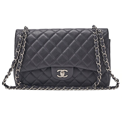 CHANEL Caviar Skin Deka Matelasse 30cm Double Flap Chain Shoulder Bag Purple Silver-Tone Hardware, Pre-Owned