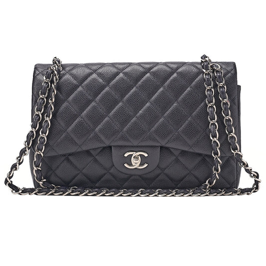 CHANEL Caviar Skin Deka Matelasse 30cm Double Flap Chain Shoulder Bag Purple Silver-Tone Hardware, Pre-Owned