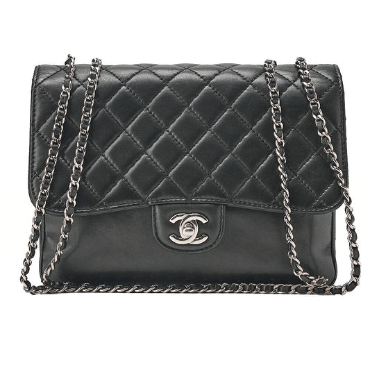 CHANEL Matelasse Turn Lock Single Flap Chain Shoulder Lambskin Black Silver-Tone Hardware, Pre-Owned