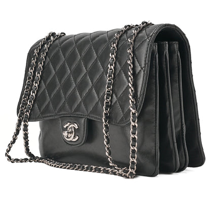 CHANEL Matelasse Turn Lock Single Flap Chain Shoulder Lambskin Black Silver-Tone Hardware, Pre-Owned