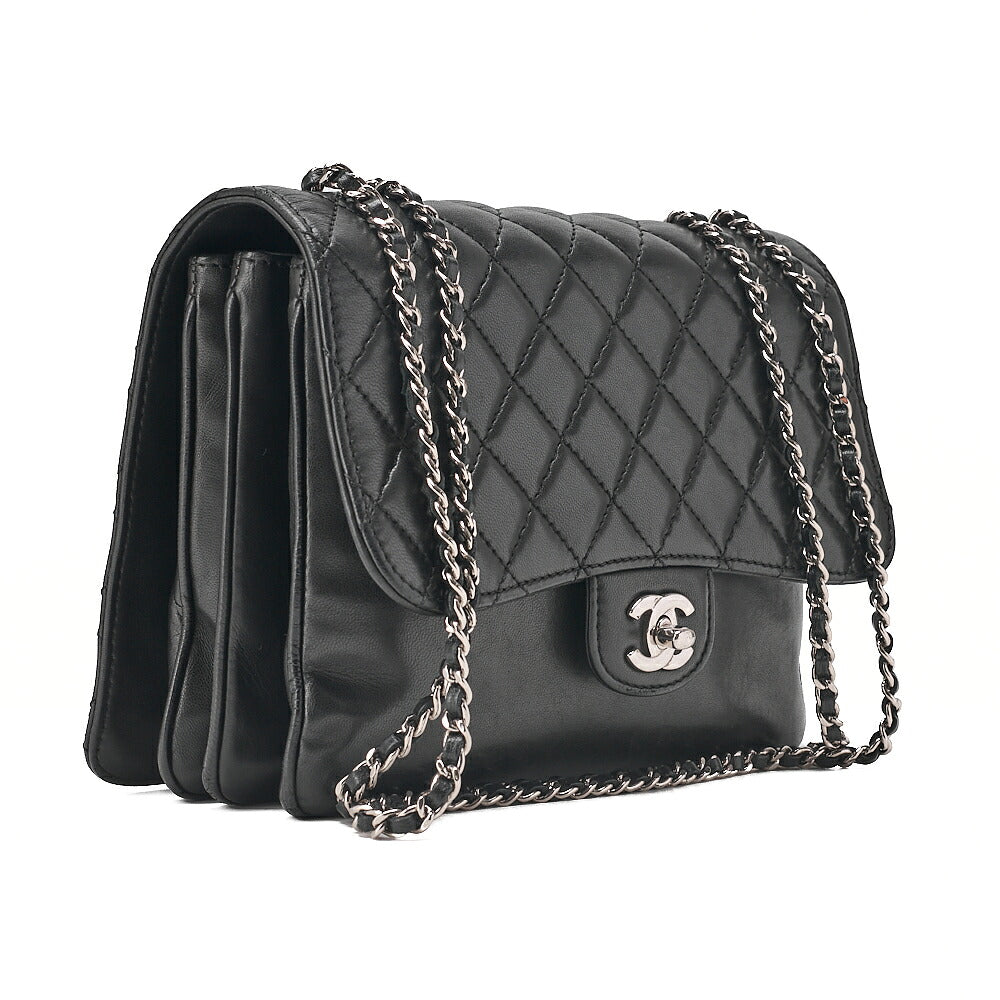 CHANEL Matelasse Turn Lock Single Flap Chain Shoulder Lambskin Black Silver-Tone Hardware, Pre-Owned