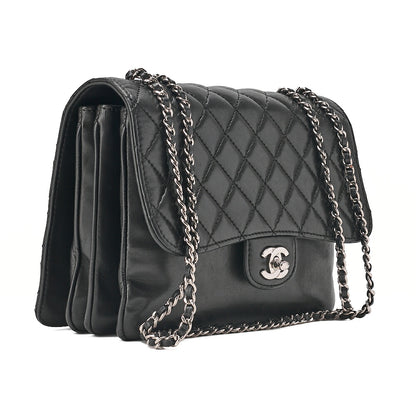 CHANEL Matelasse Turn Lock Single Flap Chain Shoulder Lambskin Black Silver-Tone Hardware, Pre-Owned