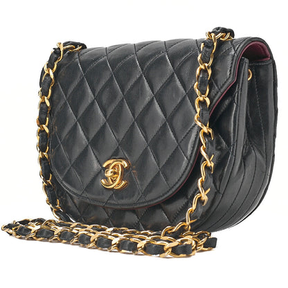 CHANEL Shoulder Bag Mini Matelasse 17cm Lambskin Half Round Flap Black Gold-Tone Hardware, Pre-Owned