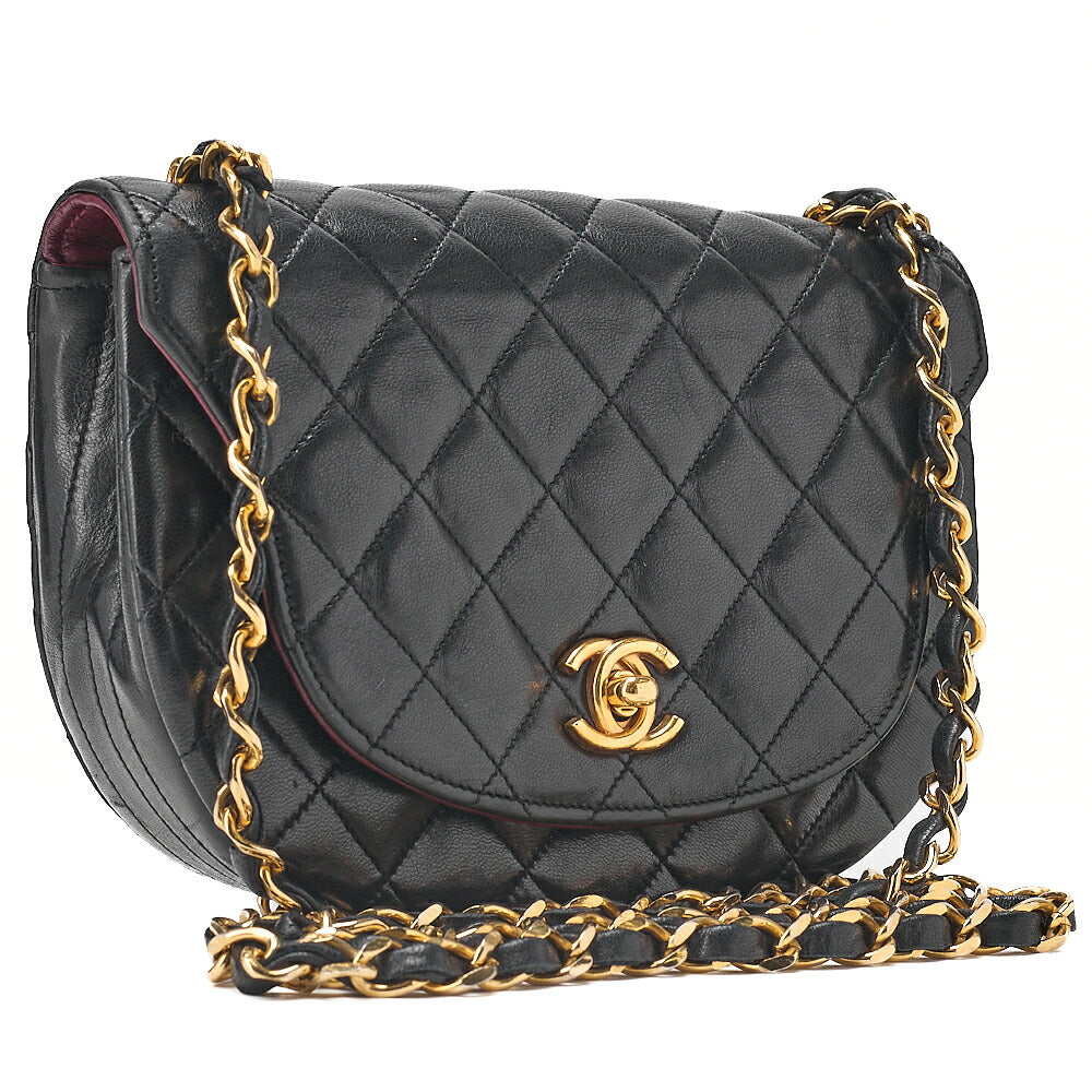 CHANEL Shoulder Bag Mini Matelasse 17cm Lambskin Half Round Flap Black Gold-Tone Hardware, Pre-Owned