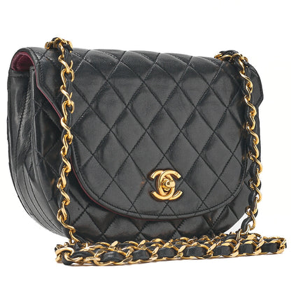 CHANEL Shoulder Bag Mini Matelasse 17cm Lambskin Half Round Flap Black Gold-Tone Hardware, Pre-Owned