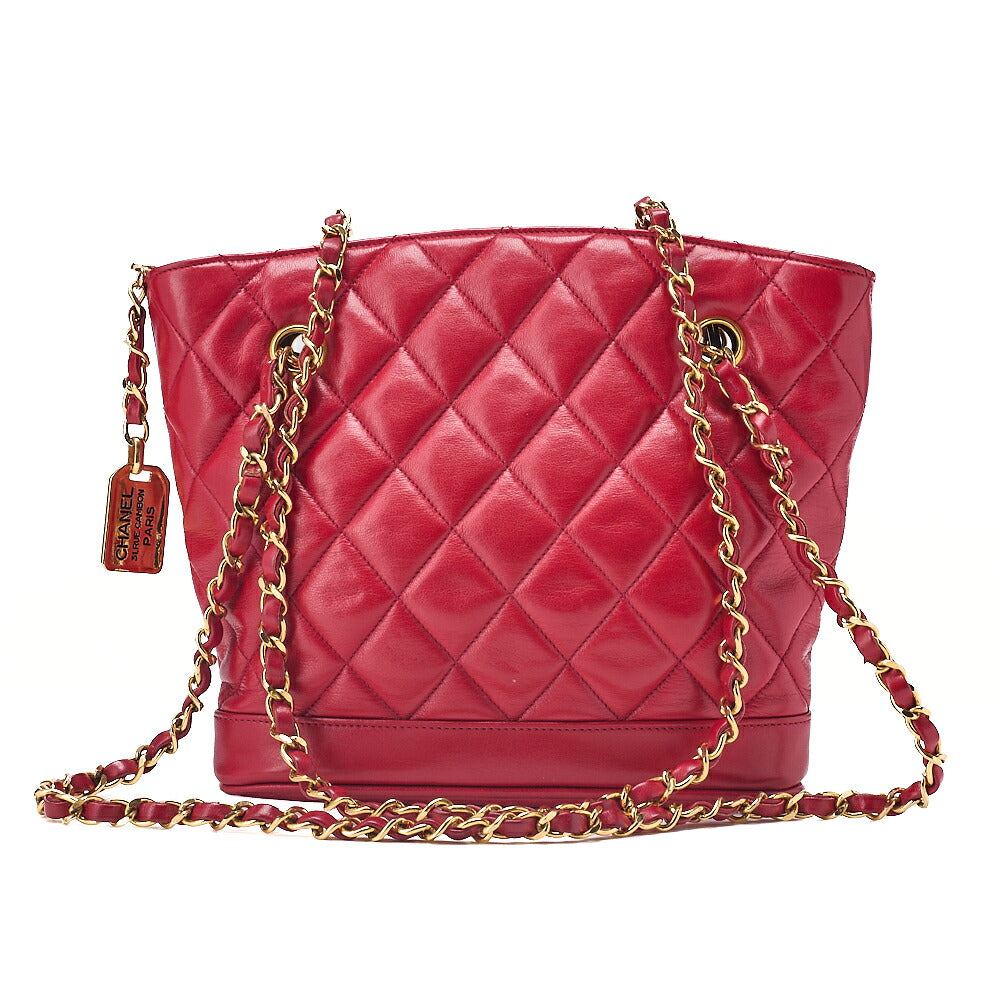 CHANEL Shoulder Bag Matelasse Plate Charm Fan-Shaped Chain Shoulder Lambskin Red Gold-Tone Hardware, Pre-Owned