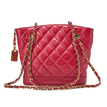 CHANEL Shoulder Bag Matelasse Plate Charm Fan-Shaped Chain Shoulder Lambskin Red Gold-Tone Hardware, Pre-Owned
