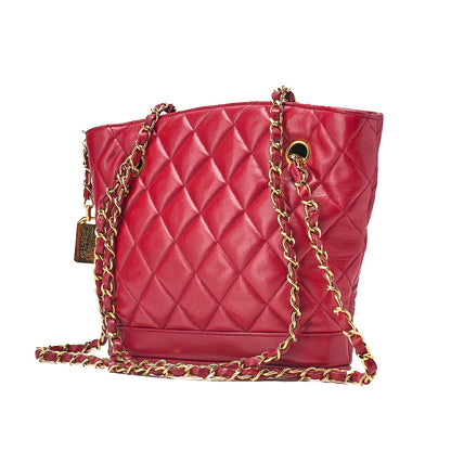 CHANEL Shoulder Bag Matelasse Plate Charm Fan-Shaped Chain Shoulder Lambskin Red Gold-Tone Hardware, Pre-Owned