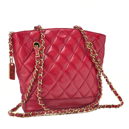 CHANEL Shoulder Bag Matelasse Plate Charm Fan-Shaped Chain Shoulder Lambskin Red Gold-Tone Hardware, Pre-Owned
