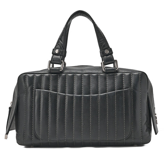 CHANEL Lambskin Mademoiselle Handbag Black Silver-Tone Hardware, Pre-Owned