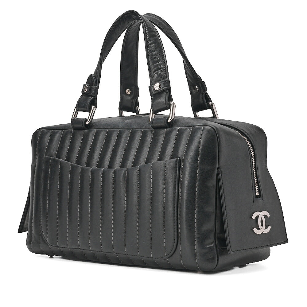 CHANEL Lambskin Mademoiselle Handbag Black Silver-Tone Hardware, Pre-Owned