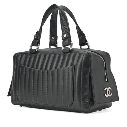 CHANEL Lambskin Mademoiselle Handbag Black Silver-Tone Hardware, Pre-Owned