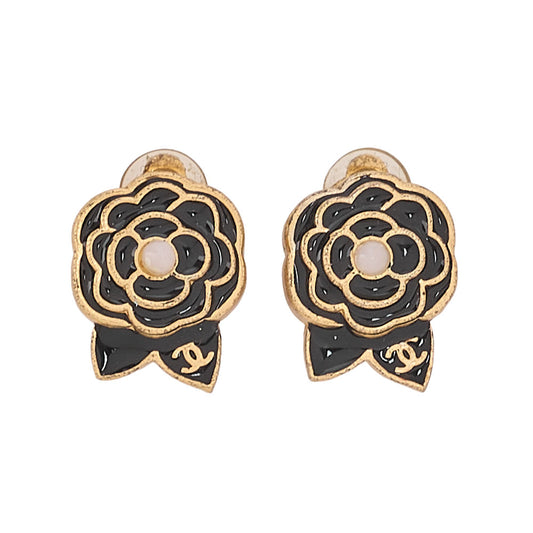 CHANEL Coco Mark Camellia Motif 02A Earrings Enamel x GP Gold-Tone Hardware, Pre-Owned