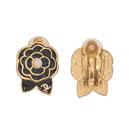 CHANEL Coco Mark Camellia Motif 02A Earrings Enamel x GP Gold-Tone Hardware, Pre-Owned