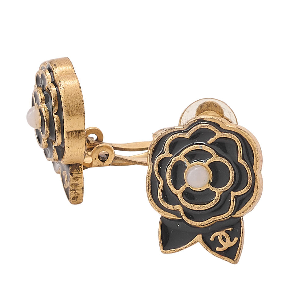 CHANEL Coco Mark Camellia Motif 02A Earrings Enamel x GP Gold-Tone Hardware, Pre-Owned