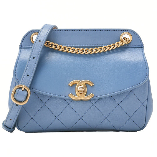 CHANEL Lambskin Mini Matelasse Single Flap Chain Shoulder Bag Blue Gold-Tone Hardware, Pre-Owned
