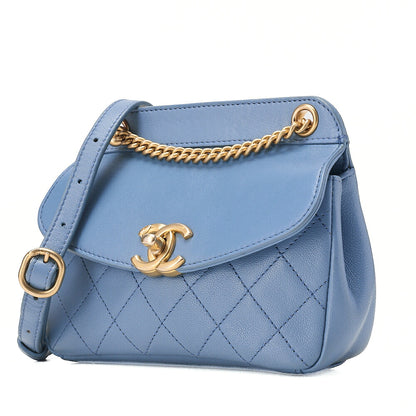 CHANEL Lambskin Mini Matelasse Single Flap Chain Shoulder Bag Blue Gold-Tone Hardware, Pre-Owned