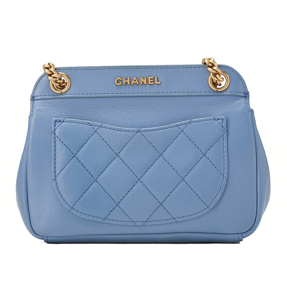 CHANEL Lambskin Mini Matelasse Single Flap Chain Shoulder Bag Blue Gold-Tone Hardware, Pre-Owned