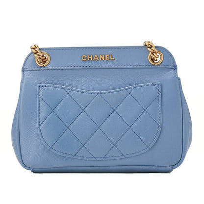 CHANEL Lambskin Mini Matelasse Single Flap Chain Shoulder Bag Blue Gold-Tone Hardware, Pre-Owned
