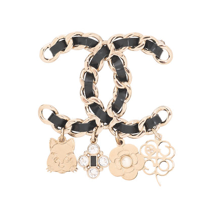 CHANEL Coco Mark Icon B17B Brooch GP x Faux Pearl x Leather (Gold Plating) Black Gold-Tone Hardware, Pre-Owned