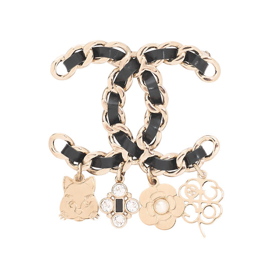 CHANEL Coco Mark Icon B17B Brooch GP x Faux Pearl x Leather (Gold Plating) Black Gold-Tone Hardware, Pre-Owned