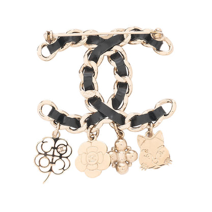 CHANEL Coco Mark Icon B17B Brooch GP x Faux Pearl x Leather (Gold Plating) Black Gold-Tone Hardware, Pre-Owned