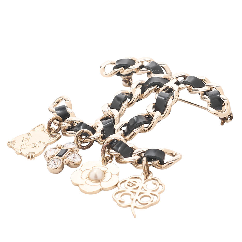 CHANEL Coco Mark Icon B17B Brooch GP x Faux Pearl x Leather (Gold Plating) Black Gold-Tone Hardware, Pre-Owned