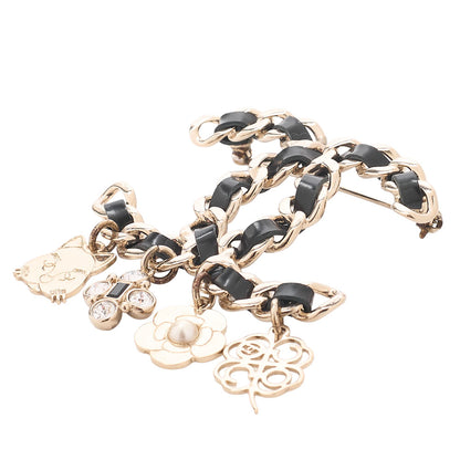 CHANEL Coco Mark Icon B17B Brooch GP x Faux Pearl x Leather (Gold Plating) Black Gold-Tone Hardware, Pre-Owned