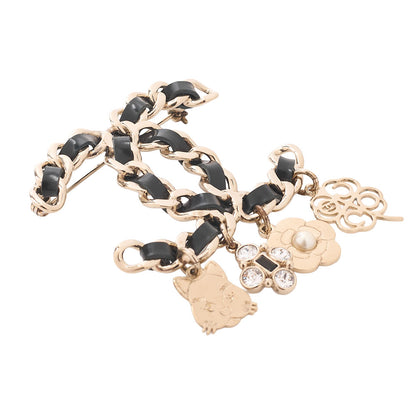 CHANEL Coco Mark Icon B17B Brooch GP x Faux Pearl x Leather (Gold Plating) Black Gold-Tone Hardware, Pre-Owned