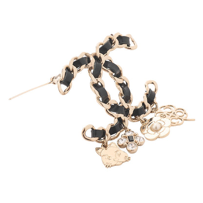 CHANEL Coco Mark Icon B17B Brooch GP x Faux Pearl x Leather (Gold Plating) Black Gold-Tone Hardware, Pre-Owned