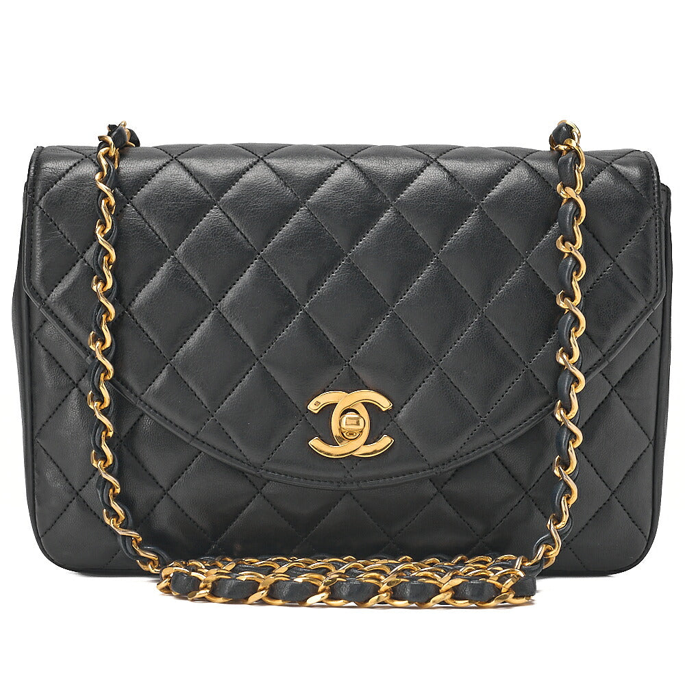 CHANEL Lambskin Matelasse Round Flap Chain Shoulder Black Gold-Tone Hardware, Pre-Owned