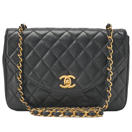 CHANEL Lambskin Matelasse Round Flap Chain Shoulder Black Gold-Tone Hardware, Pre-Owned