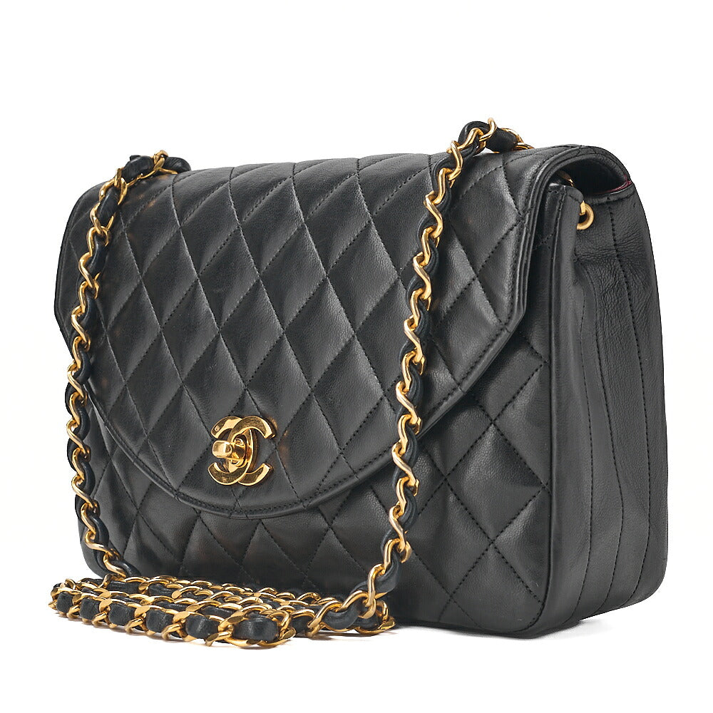 CHANEL Lambskin Matelasse Round Flap Chain Shoulder Black Gold-Tone Hardware, Pre-Owned