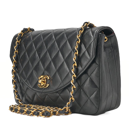 CHANEL Lambskin Matelasse Round Flap Chain Shoulder Black Gold-Tone Hardware, Pre-Owned
