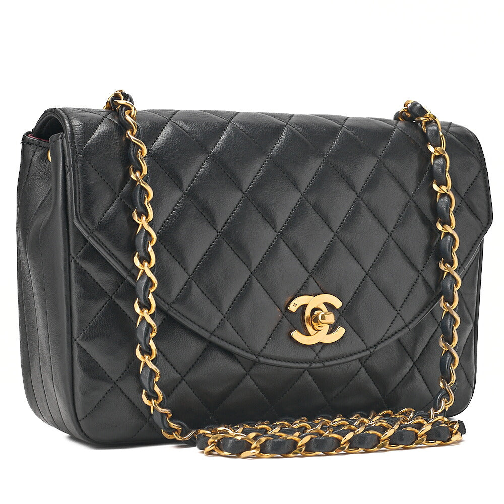 CHANEL Lambskin Matelasse Round Flap Chain Shoulder Black Gold-Tone Hardware, Pre-Owned