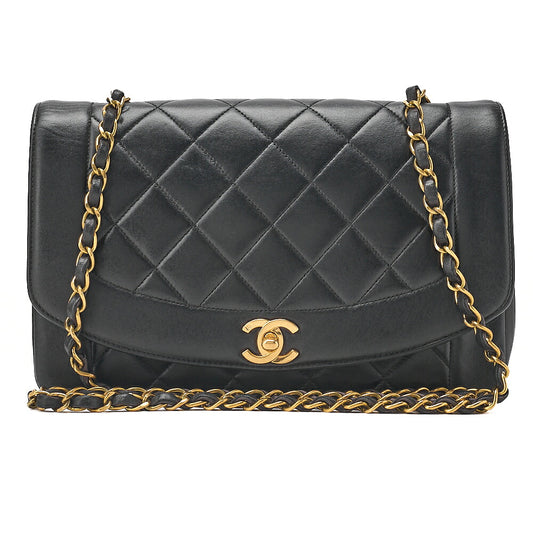 CHANEL Lambskin Matelasse Diana Flap Chain Shoulder Black Gold-Tone Hardware, Pre-Owned