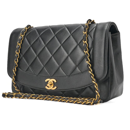 CHANEL Lambskin Matelasse Diana Flap Chain Shoulder Black Gold-Tone Hardware, Pre-Owned