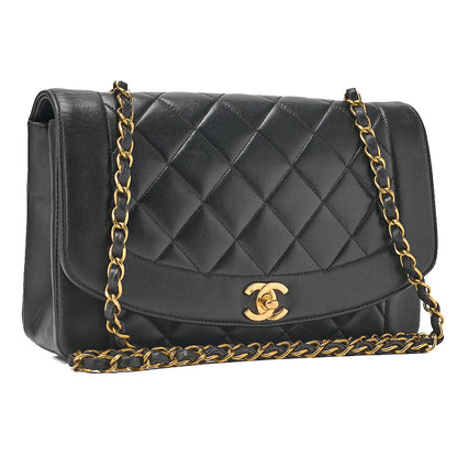 CHANEL Lambskin Matelasse Diana Flap Chain Shoulder Black Gold-Tone Hardware, Pre-Owned