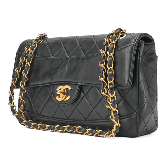 CHANEL Lambskin Matelasse Design Flap Single Chain Shoulder Black Gold-Tone Hardware, Pre-Owned