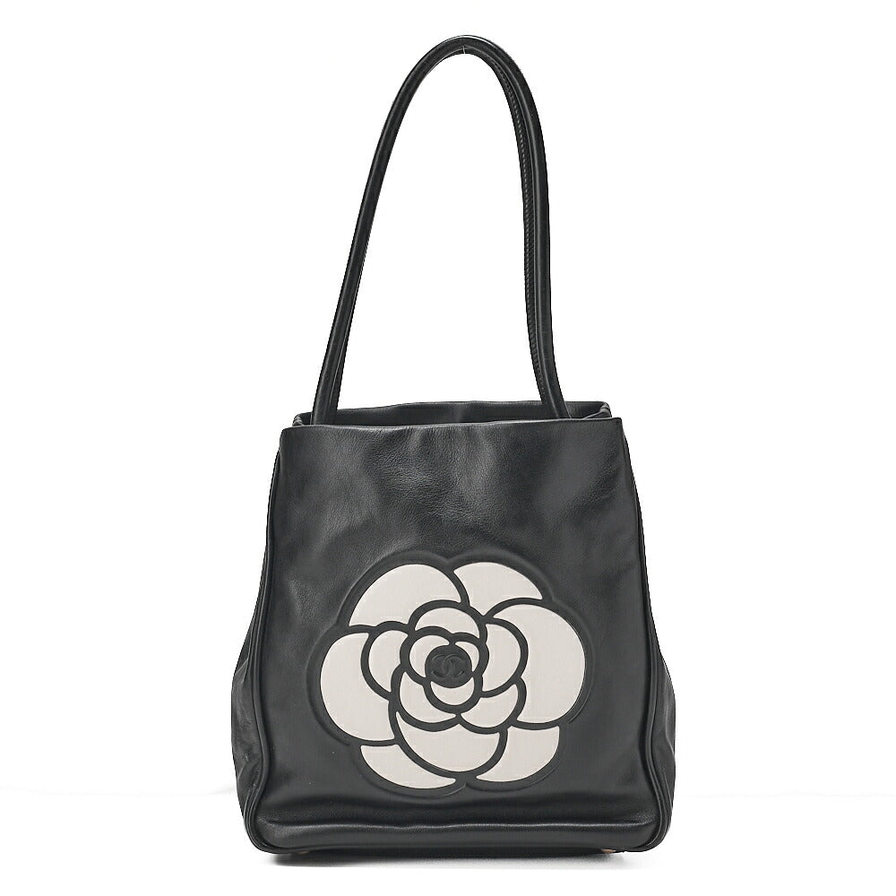 CHANEL Camellia Line Tote Bag Lambskin Black x White Gold-Tone Hardware, Pre-Owned
