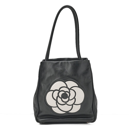 CHANEL Camellia Line Tote Bag Lambskin Black x White Gold-Tone Hardware, Pre-Owned