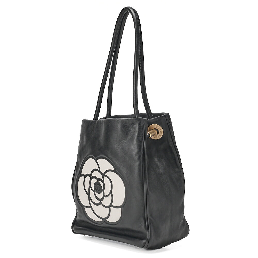 CHANEL Camellia Line Tote Bag Lambskin Black x White Gold-Tone Hardware, Pre-Owned
