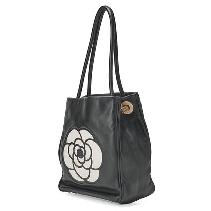 CHANEL Camellia Line Tote Bag Lambskin Black x White Gold-Tone Hardware, Pre-Owned