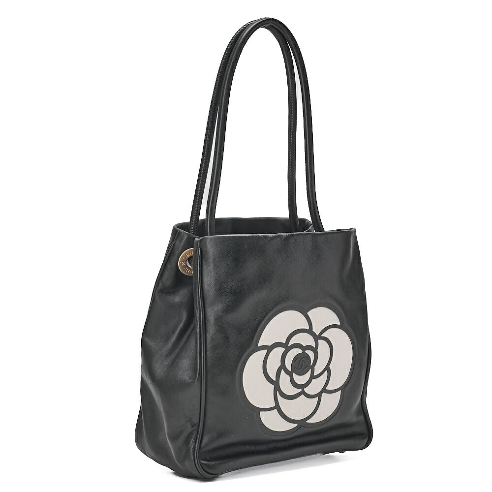 CHANEL Camellia Line Tote Bag Lambskin Black x White Gold-Tone Hardware, Pre-Owned