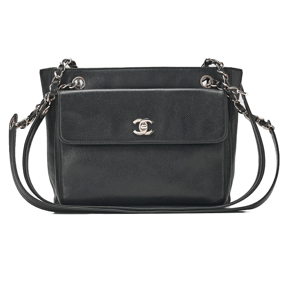 CHANEL Outside Flap Coco Mark Shoulder Bag Caviar Skin Black Silver-Tone Hardware, Pre-Owned