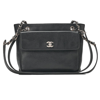 CHANEL Outside Flap Coco Mark Shoulder Bag Caviar Skin Black Silver-Tone Hardware, Pre-Owned