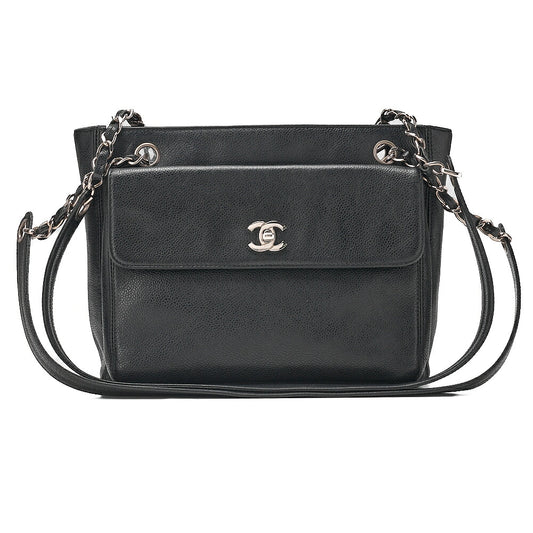 CHANEL Outside Flap Coco Mark Shoulder Bag Caviar Skin Black Silver-Tone Hardware, Pre-Owned