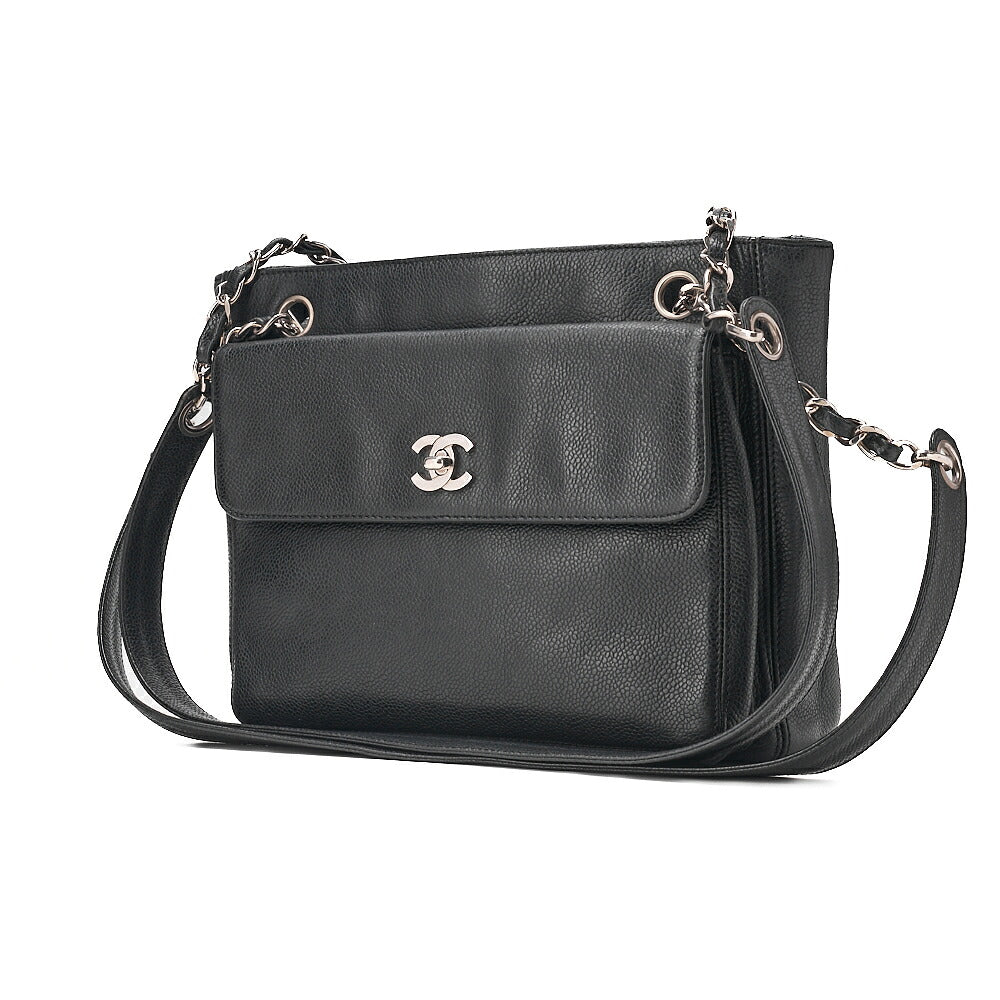 CHANEL Outside Flap Coco Mark Shoulder Bag Caviar Skin Black Silver-Tone Hardware, Pre-Owned