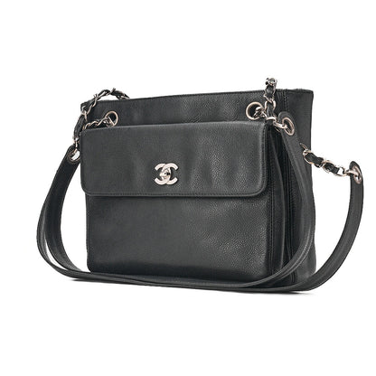 CHANEL Outside Flap Coco Mark Shoulder Bag Caviar Skin Black Silver-Tone Hardware, Pre-Owned